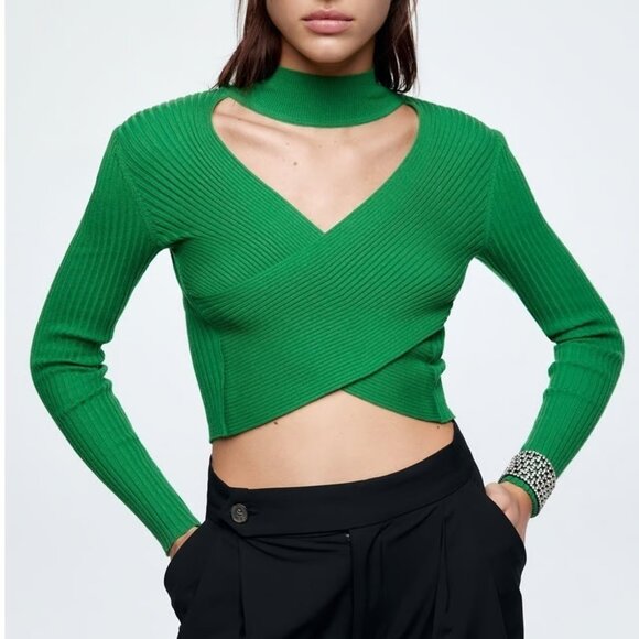 ZARA Ribbed Knit Cut-Out Cropped Sweater Green Wrap Front Women's Size S - Picture 2 of 10